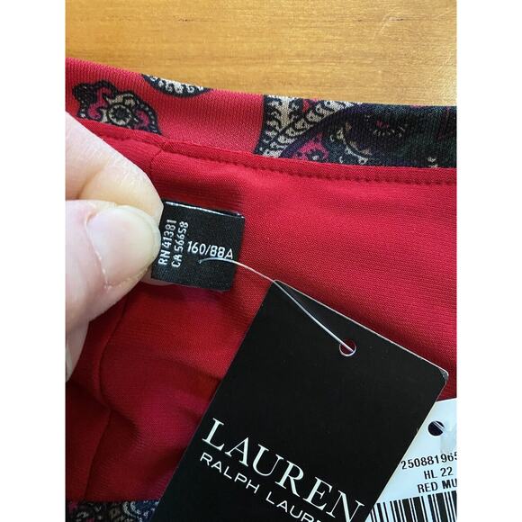 NEW Lauren Ralph Lauren Womens 4 Red Paisley Ruched Knee Length Stretch Lined - Picture 9 of 11